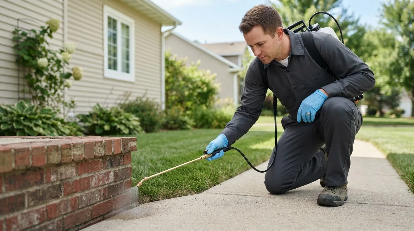 Pest control technician treating a home near Centrahoma, OK
